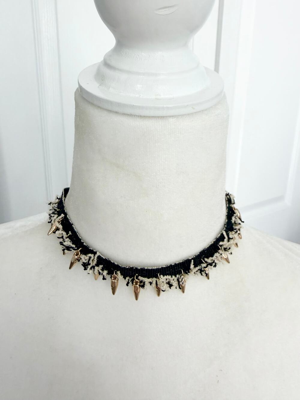 Charming Charlie Black & White Fringe Spike Choker Statement Necklace